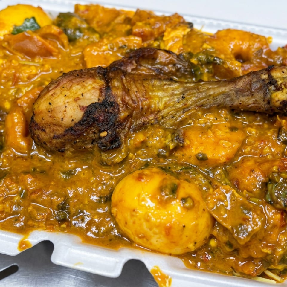 Takeout container filled with rich orange curry, grilled chicken drumstick, shrimp, vegetables, and a whole egg.
