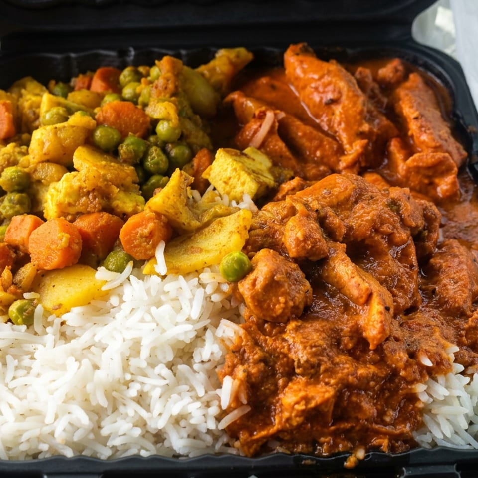 Takeout tray filled with white rice, curried mixed vegetables, and rich orange-brown chicken curry.