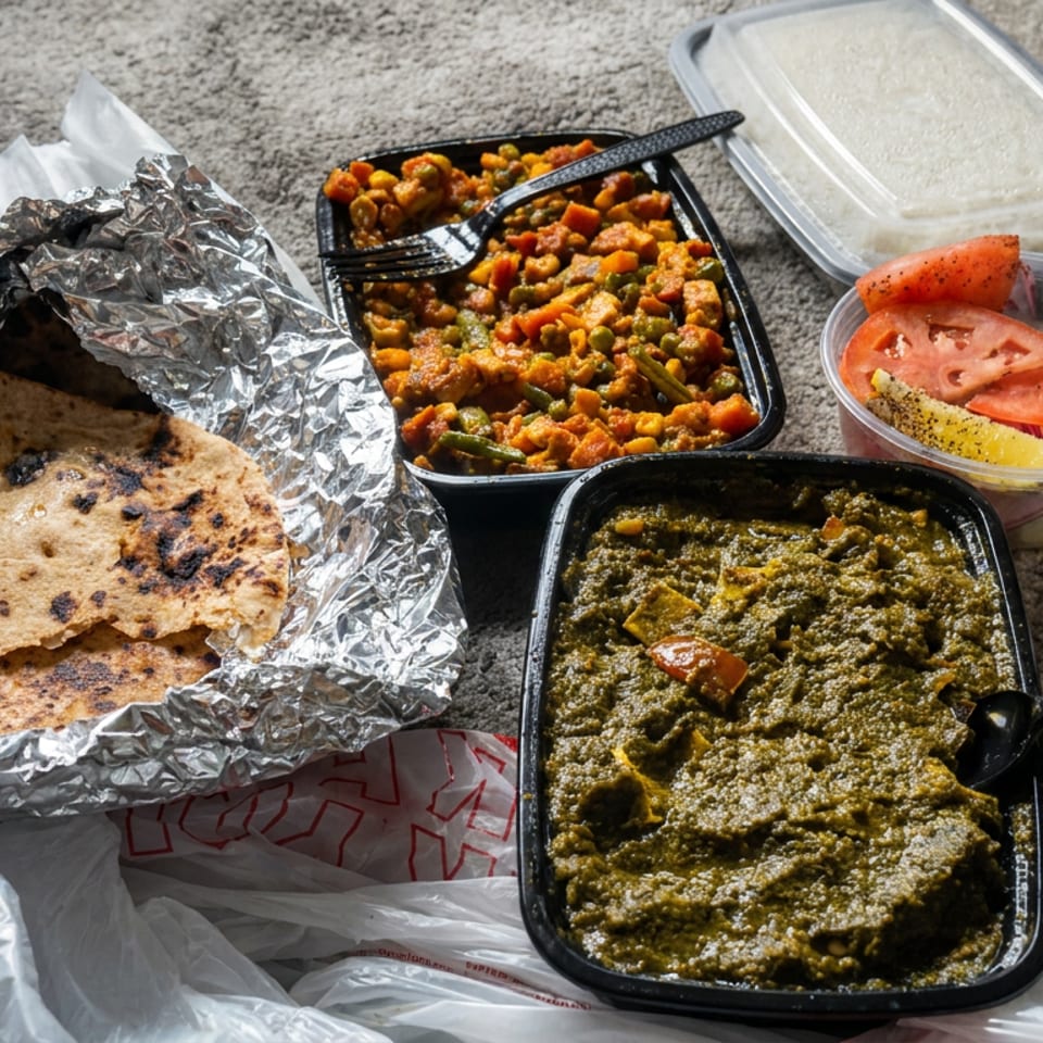 Indian takeout meal with naan, spiced mixed vegetables, green curry, rice, sliced salad, and a jug of whole milk.